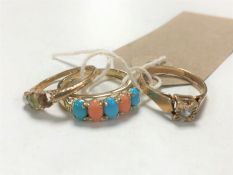 Three 9ct gold dress rings set with semi precious stones.