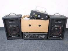 A Stage Line four channel powered mixer, pair of Stage Line speakers, DMX 512 show designer,