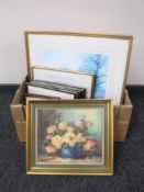 A box of assorted pictures and prints including scenes of Newcastle, Anton Pieck prints,