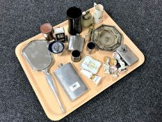 A tray of hand mirror stamped International sterling, two hip flasks, table lighters, desk calendar,