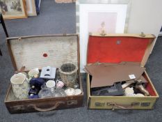Two vintages cases containing miscellany including metal signs, commemorative mugs, John Player tin,