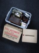 A box of Bakelite telephone, assorted cameras and accessories,