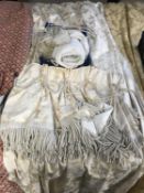 A pair of white and cream floral fully lined curtains with tie backs and swag, and extra liners,