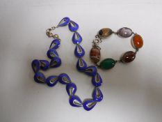 A silver gilt blue enamel necklace together with an agate bracelet (2)