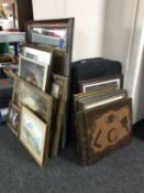 A mahogany framed bevelled mirror together with a quantity of assorted prints,