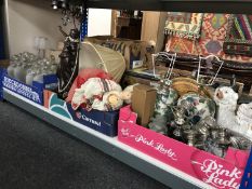 Three boxes containing assorted table lamps with shades, pair of Staffordshire dogs, metal ware,