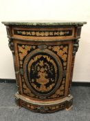 A continental style inlaid marble topped walnut corner cabinet,