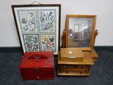 A tapestry fire screen, pine dressing table mirror, four drawer miniature chest,