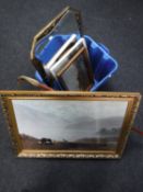 A box containing a shepherd's crook, assorted framed pictures,