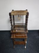 A nest of two mahogany tables and an oak barley twist rush stool