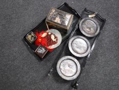 A black lacquered oriental cake stand, serving tray, three trinket boxes,