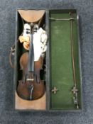 An antique violin and bow in hard carry case CONDITION REPORT: 14