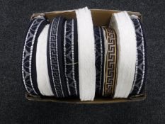 A box of nine spools of vintage Silver Cross pram trim