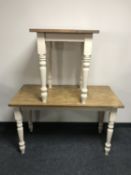 Two contemporary bar tables on painted pine bases CONDITION REPORT: The larger