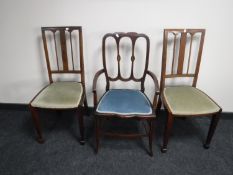 A Victorian inlaid mahogany armchair and a pair of bedroom chairs