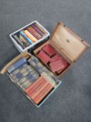 Two boxes and a vintage leather suitcase of books including children's encyclopaedia, Dickens,