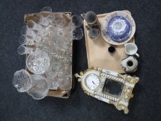 A box of assorted glass ware and a tray of Juliana mantel clock, beer steins,
