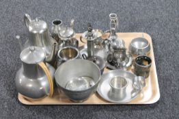 A tray of continental pewter and silver plated tea wares,
