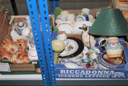 Three boxes of pair of Staffordshire dogs, china table lamps, wall plates,