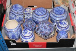 A box of Ringtons blue and white china including chintz teapot,