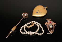 A yellow metal opal and pearl pendant, an opal pin,