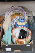 A box of Oriental style planter, lidded ginger jar, wall plates,