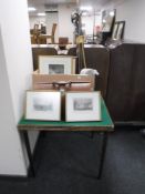 A bundle of walking sticks, golf clubs, shooting stick, leather Gladstone bag,