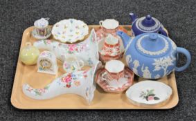 A tray of a pair of Royal Worcester porcelain wall sconces, Aynsley Wild Tudor mantel clock,