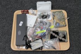 A tray of jewellery including examples in silver, an Oris wrist watch, Marcasite jewellery,