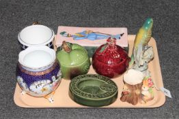 A tray containing china, Whitbread ashtray, Hornsea fauna vase,