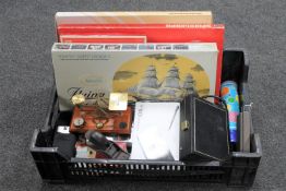 A box of vintage games, wooden boxed ship model - Flying Cloud, Nintendo DS with game,