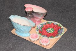 A tray of five pieces of Maling lustre china including a pair of Rosine ashstrays,