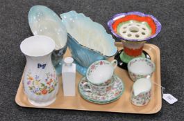 A tray of Minton Haddon Hall five piece tea for two, Wedgwood and Aynsley vase,