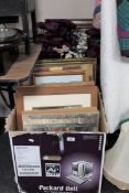 A box of artificial flowers, assorted framed pictures, Oriental panels,