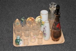 A tray of five glass paperweights, drinking glasses,