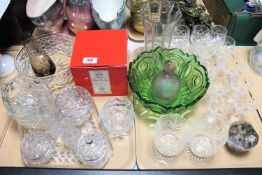 Two trays of assorted glass ware, trinket set, Brierley crystal vase,