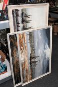 Three framed 1970's oil paintings depicting ships with buildings beyond,