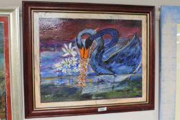 Allen Galbraith : Black Swans, oil on board, signed, framed.