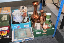 Two boxes of part Denby tea set, Capodimonte style figure, brass ewers, hand painted glass vase,