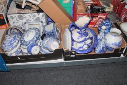 Two boxes of Copeland Spode Italian, Adams etc blue and white china including jug and wash basin,