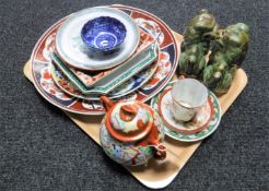 A tray of Oriental china including pair of Foo dogs, assorted plates and bowls,
