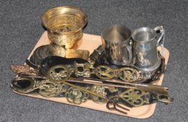 A tray of plated items, horse brasses, brass toasting fork,