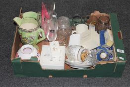 A box of commemorative brass ware, Arthur woods jug, spode vase,