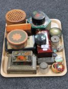 A tray of oriental trinket boxes, silver topped jars,