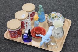A tray of Avon scent bottles, Chinese style redware cup and saucer, Staffordshire storage jars,