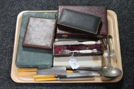 A tray of antique and later cutlery including fork and knife set,