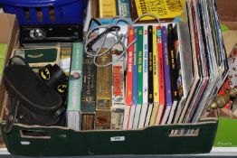 A box of Viz annuals, LP's, pair of binoculars,