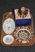 A tray containing four pieces of Royal Crown Derby Imari porcelain including boxed ginger jar,