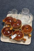 A tray containing three pieces of glass ware together with six Wattisfield Ware lidded bowls