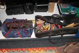 Two boxes and two cases containing drills, wood planes, tools and garage items.